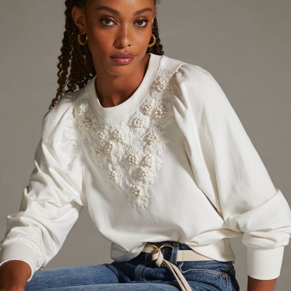 Anthropologie Embroidered Sweatshirt Ivory XS